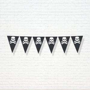 Banner schedelvlaggen - afdrukbaar kruisbeen en schedel piratenschip 1e verjaardag vlaggenslinger - schatkaart decor jongens eerste feest - 0079