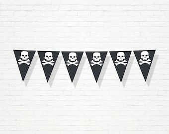 Skull Flags Banner - Printable Cross Bone and Skull Pirate Ship 1st birthday Bunting Banner - Treasure Map Boy's First Party Decor - 0079