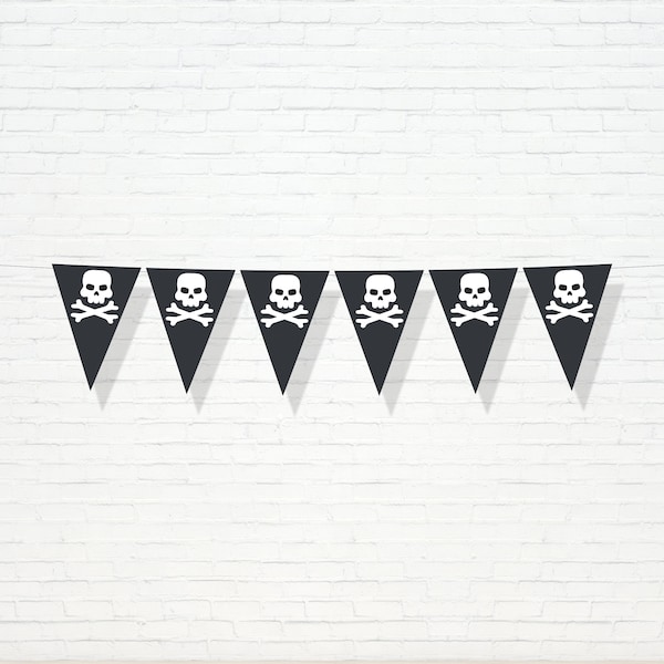 Skull Flags Banner - Printable Cross Bone and Skull Pirate Ship 1st birthday Bunting Banner - Treasure Map Boy's First Party Decor - 0079