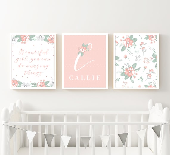Classic Pink Nursery Art Print Set - Printable Personalized Set of 3 Wall Decor - Monogram Baby Shower Gift - Instant Download - CPND1 Il_570xn
