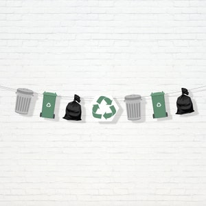 Garbage Truck Garland - Printable Trash Bash Garbage Bin First 1st birthday Bunting Banner - Recycling Boy&#39;s First Party Decor - 0082