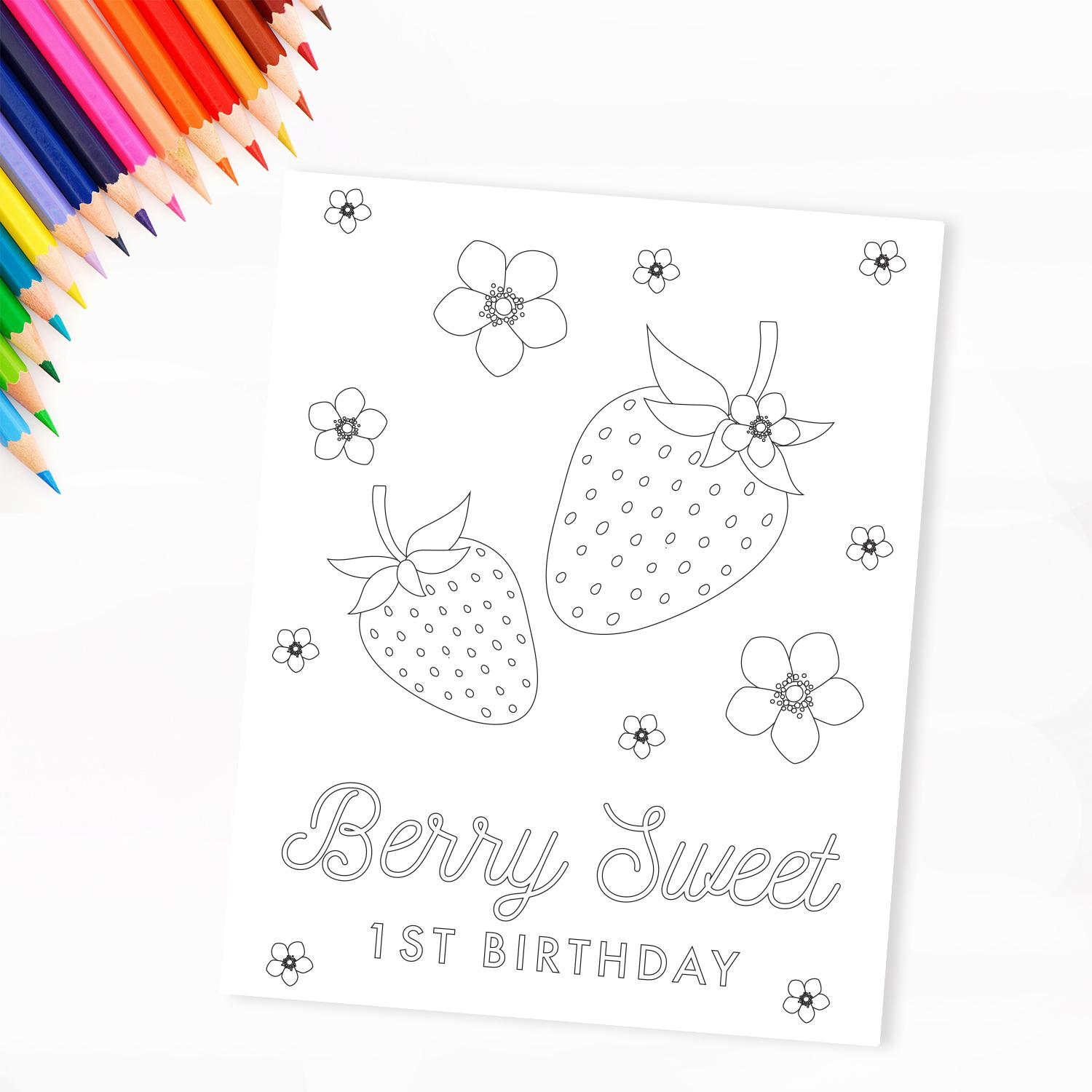 Strawberry Coloring Page - Printable Berry First Sweet Birthday…