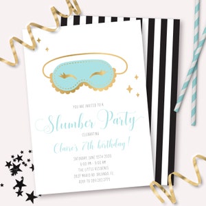 Slumber Party Invitation - Printable Mint Sleepover Birthday Invite - Customizable Sleep Mask Theme Party Decoration - 0019