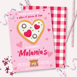 Pizza Party Invitation - Printable Pizza Parlour First Birthday Party Invite - Customizable Slice of Heart Shaped Pizza Girls Decor - 0101