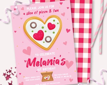 Pizza Party Invitation - Printable Pizza Parlour First Birthday Party Invite - Customizable Slice of Heart Shaped Pizza Girls Decor - 0101