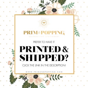 Pu&ograve; includere: Una grafica quadrata con bordo dorato, elementi floreali e la scritta "PRIM & POPPING CELEBRATION STATIONERY". Chiede se si preferisce averlo "PRINTED & SHIPPED?" con un invito a cliccare sul link nella descrizione. Lo sfondo &egrave; bianco con pois dorati.