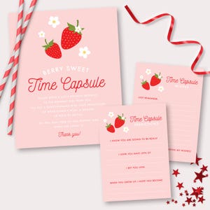 Cápsula del tiempo de fresa: cápsula del tiempo para primer cumpleaños y tarjetas con mensajes de predicción para imprimir con diseño de bayas dulces - 0013