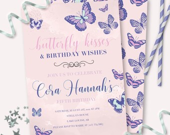 Butterfly Birthday Invitation - Printable Whimsical Butterfly Kisses & Birthday Wishes Party Invite - Customizable Magical Fairy - 0023
