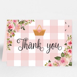 Cartão de agradecimento para piquenique - Cesta de piquenique para churrasco de verão para impressão, festa floral, guingão rosa, etiquetas para lembrancinhas de aniversário - Decoração de ursinho de pelúcia - 0025