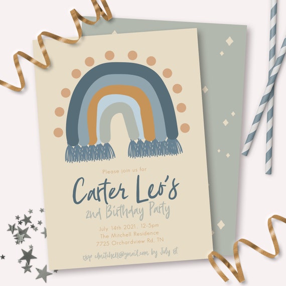 Blue Boho Rainbow Themed Birthday Party Invitation - Printable Neutral Rainbow Invite - Customizable Boy Boho Instant Download Il_570xn