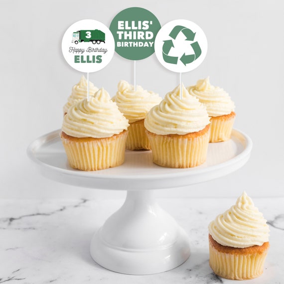 Garbage Truck Cupcake Toppers - Printable Personalized Trash Bash 1st Birthday Party Food Picks - Recycling Boy Theme Party Decor - 0082 Il_570xn