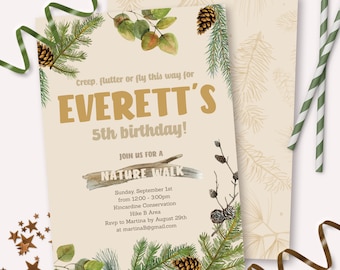 May include: A custom invitation for Everett's 5th birthday, featuring a nature walk theme. The design includes text, illustrations of pinecones, branches, and leaves. The invitation is on a cream background with a matching patterned back.