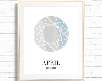 April white diamond Gemstone Wall Art Print - Printable April Birthstone jewel - Fine round cut diamond precious stone home decor