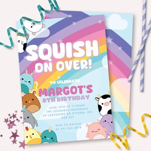 Invito a tema squishy - Invito stampabile per festa di compleanno con peluche squishy - Decorazioni per feste con peluche - Festa con animali di peluche - 0193