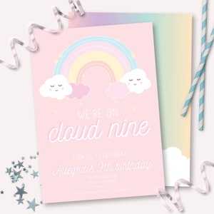 Cloud Nine Invitation - Printable Rainbows & Clouds Ninth Birthday Party Invite - Customizable We're On Cloud Nine Girls Sleepover - 0039
