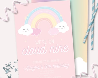 Cloud Nine Invitation - Printable Rainbows & Clouds Ninth Birthday Party Invite - Customizable We're On Cloud Nine Girls Sleepover - 0039