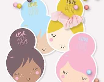 Scrunchie Valentine&#39;s Cards - Printable Girls Hair Tie Love Is in The hair Classroom Gift - Valentine puns DIY Tag - Ballerina Boo Basket