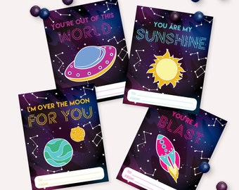 Valentine's Day Outer Space Cards - Printable Out of this World Kids Classroom Valentines Gift - Valentine puns DIY Tag - Cookie Card