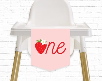 Chaise haute fraise bannière - imprimable très baies première fraise 1er anniversaire une bannière bruant - décoration de fête douce baies - 0013