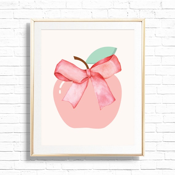 Pink Apple Print - Printable Back to School Pink Apple with bow Playroom Decor - Classroom Wall Sign - School Home Decor - AUG2021 Il_570xn
