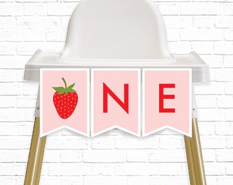 Strawberry Highchair Banner - Printable Very Berry First Strawberry 1st Birthday ONE Bunting Banner - Berry Sweet Party Decor - 0013
