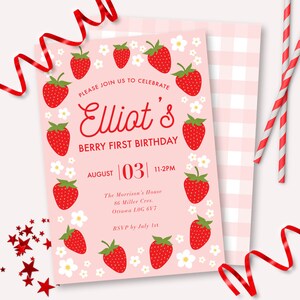 Strawberry First Birthday Invitation - Printable Berry Daisy Birthday Party Invite - Customizable Strawberry Decor - Sweet One Theme - 0013