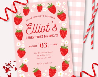 Strawberry First Birthday Invitation - Printable Berry Daisy Birthday Party Invite - Customizable Strawberry Decor - Sweet One Theme - 0013