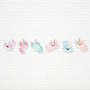 Axolotl Banner - Printable Cute colourful Axolotl salamander with party hats Birthday Party Garland - Underwater girl party - 0134