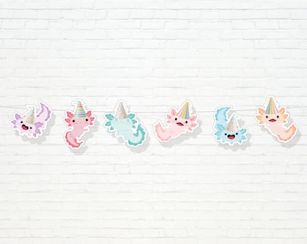 Banner de Axolotl - Imprimible Lindo y colorido Axolotl Salamandra con sombreros de fiesta Guirnalda para fiesta de cumpleaños - Fiesta submarina para niña - 0134
