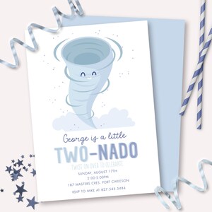 Tornado Invitation - Printable Blue Two-nado Storm Weather Birthday Party Invite - Storm Chaser Boy Twister Birthday Decoration - 0174