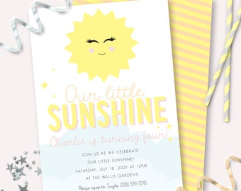 May include: A birthday party invitation featuring a smiling yellow sun illustration and the words "Our little SUNSHINE". The invitation provides party details, including the date, time, and venue. It is accompanied by a yellow and white striped envelope.