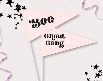Banderines de Halloween - Bandera de pandilla de demonios de color rosa imprimible para fotos - Decoración de fiesta de cumpleaños con canasta de fantasmas espeluznante - 0049