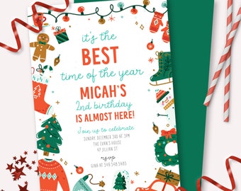 Christmas Icons Invitation - Printable Green & Red Christmas Cookies Birthday Party Invite - Customizable Sweet Winter Holiday Decor - 0172