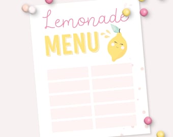 Letrero de menú de limonada - Decoración imprimible para fiesta de cumpleaños con limonada rosa - Impresión artística con menú con precio para rellenar con limón y cítricos - 0024