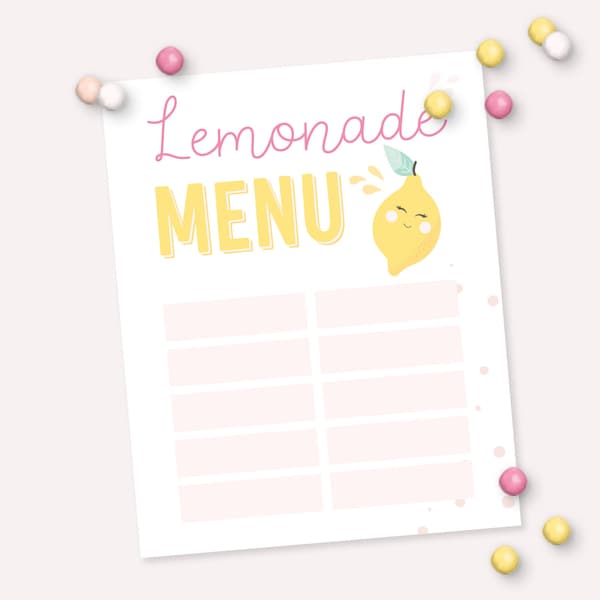 Lemonade Menu Sign - Printable Pink Lemonade Birthday Party Decor - Lemon Citrus Fill in Price Menu Art Print - 0024
