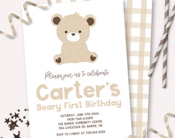 May include: A beige-toned invitation for a first birthday celebration, featuring a teddy bear illustration. The invitation reads "Please join us to celebrate Carter's Beary First Birthday" and includes event details. A beige and white checked pattern is visible.