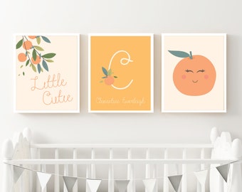 Little Cutie Baby Nursery Art Print Set - Printable Orange Clementine Personalized Set of 3 Wall Decor - Monogram  Newborn Baby Gift - 0001