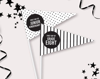 First Day of School Pennant Flags - Printable Black Patterns Back to School Flag Photo Prop - Homeschool School Basket Party Decor - BTS