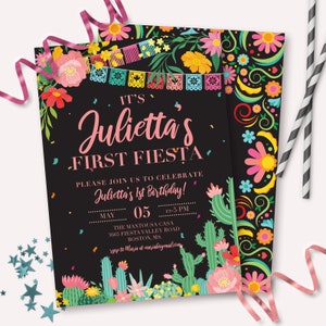 Fiesta Birthday Invitation - Printable First Fiesta Dark Chalkboard Birthday Party Invite - Customizable Mexican Cinco De Mayo Cactus - 0072