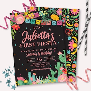 Fiesta Birthday Invitation - Printable First Fiesta Dark Chalkboard Birthday Party Invite - Customizable Mexican Cinco De Mayo Cactus - 0072