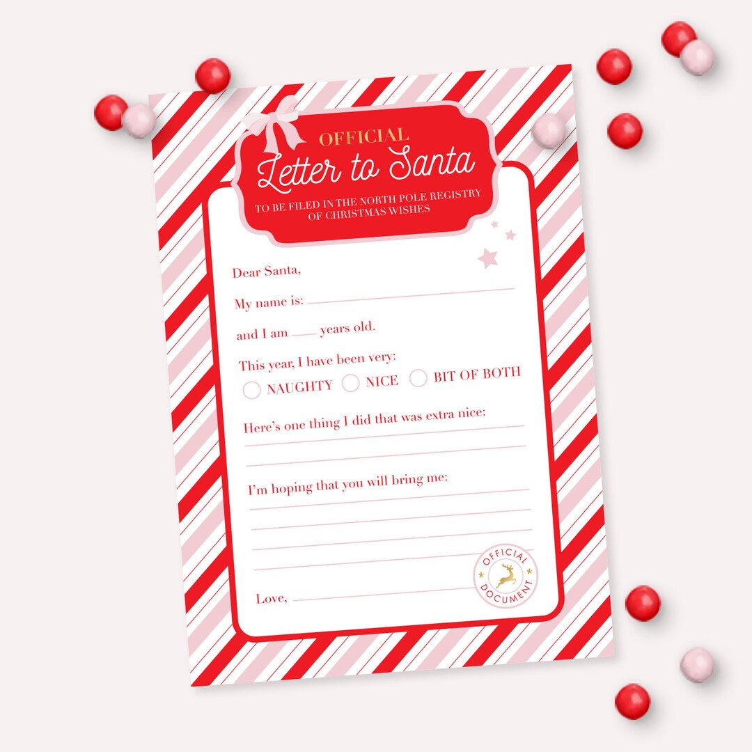 Letter to Santa - Printable 5x7 Classic Candy Cane Santa Claus North ...