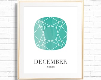 December Blue Zircon Gemstone Wall Art Print - Printable December Birthstone jewel - Cushion cut Zircon precious stone home decor