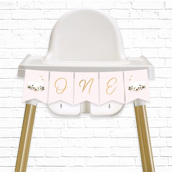 Swan Princess 1st Birthday Party Highchair Banner - Printable Pink & Gold Floral ONE Bunting Banner - Swan Decor - Instant Download - 0040 Il_570xn