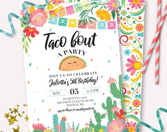 May include: A colorful invitation for a birthday party with a taco theme. The invitation features the text "Taco bout a party" and includes a cute taco illustration. Floral and cactus illustrations decorate the edges. The invitation is for Julietta's 5th birthday.