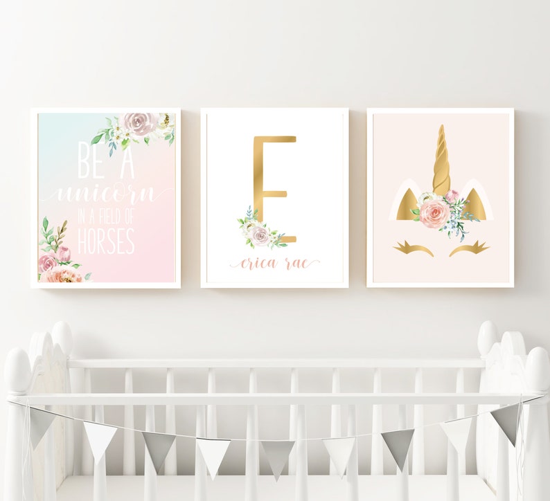 Unicorn Nursery Print Set Printable Personalized Set of 3 Floral Pastel Unicorn Trio Wall Art Decor #UniND Monogram Baby Shower Gift