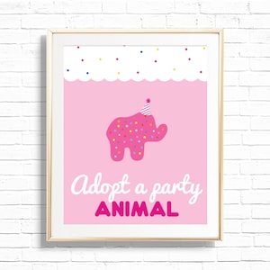 Adopt A Party Animal Sign - Printable Bright Pink Frosted Animal Cookie Cracker Party Favor Table Decor - Customizable Circus Party - 0068
