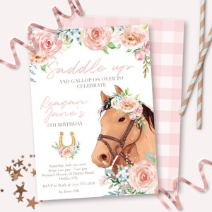 Horse Birthday Invitation - Printable Pink Floral Boho Cowgirl First Birthday Party Invite - Customizable Rustic Farm Pony Girl Decor - 0071