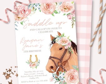 May include: A horse-themed birthday invitation with a watercolor illustration of a horse wearing a floral crown. The invitation features the text "Saddle up and gallop on over to celebrate" and details for a 5th birthday party, including the date, time, and location.