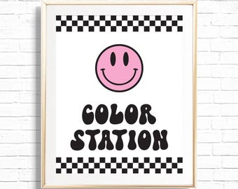 Color Station Sign - Printable One Happy Girl Kids Craft Activity Birthday Party Decor - Smile Happy Face Hippie 90's Art Print - 0111