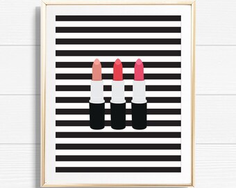 Striped Pink Lipstick Art Print - Printable Set of 3 Lip stick Beauty & Makeup Home Decor - Chic Office Fashion Gallery Wall Decor - BMG